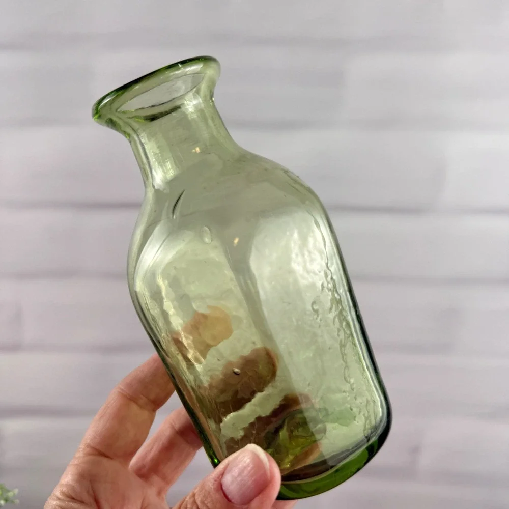 Hand Blown Green Glass Bud Vase Bottle Olive Green Artisan Vase